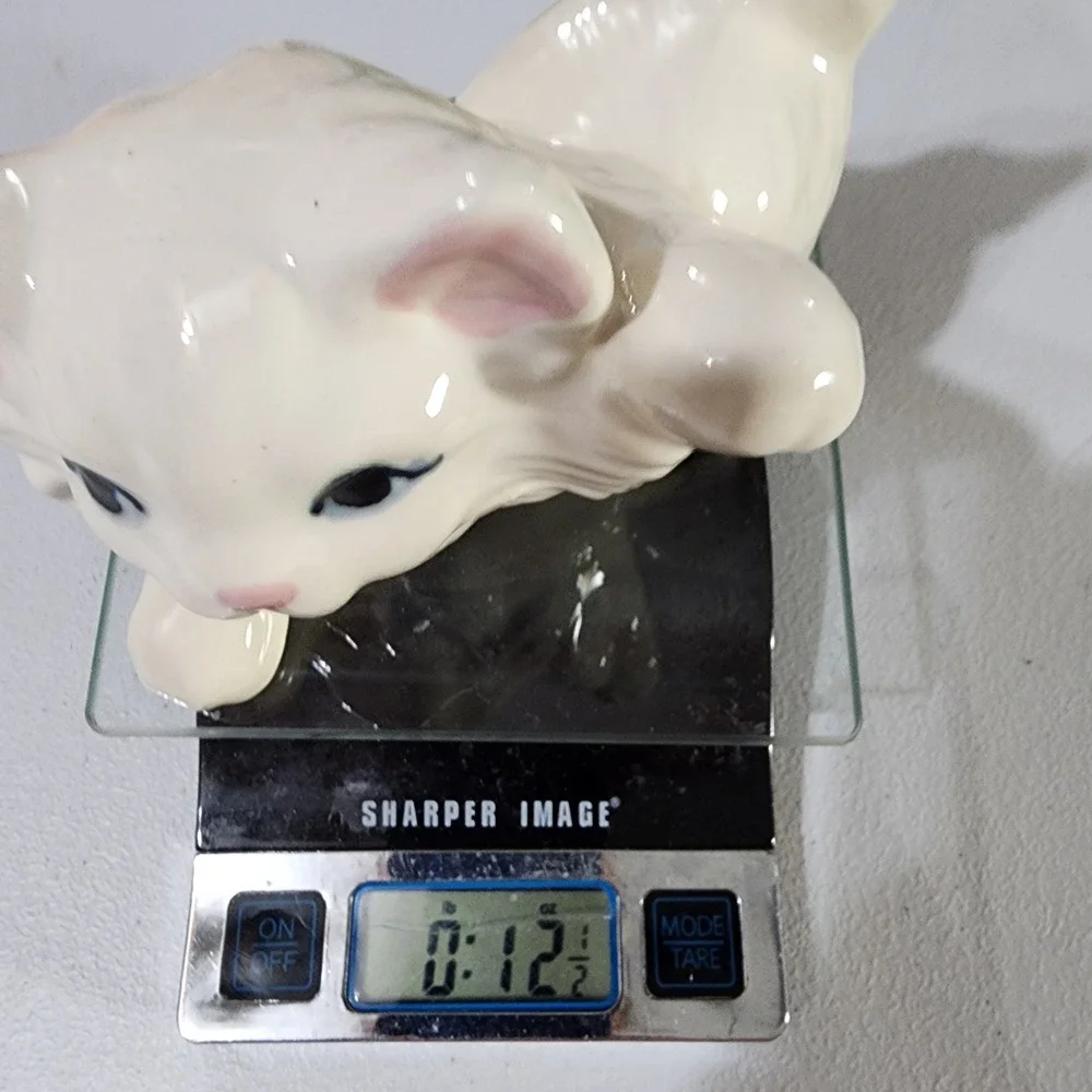 Vintage White Ceramic Kitten Figurine Playful Pouncing Cat Blue Eyes